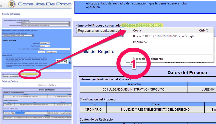 Ingresa a la página web de la rama Judicial, encuentra el proceso que quieres que revisemos día a día y copia el número del proceso como se muestra en la imagen