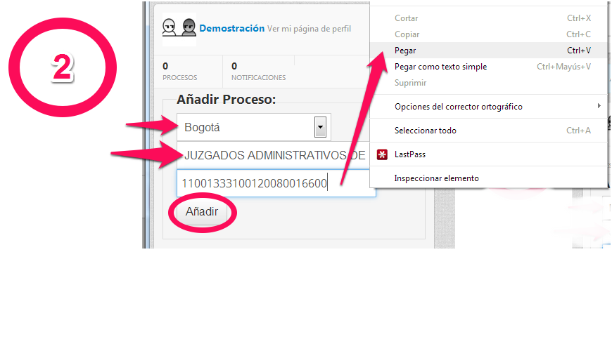 Regresa a Monolegal, selecciona la ciudad, especialidad o entidad y pega el número de proceso que habías copiado, luego dale clic en el botón Añadir como se muestra en la imagen.